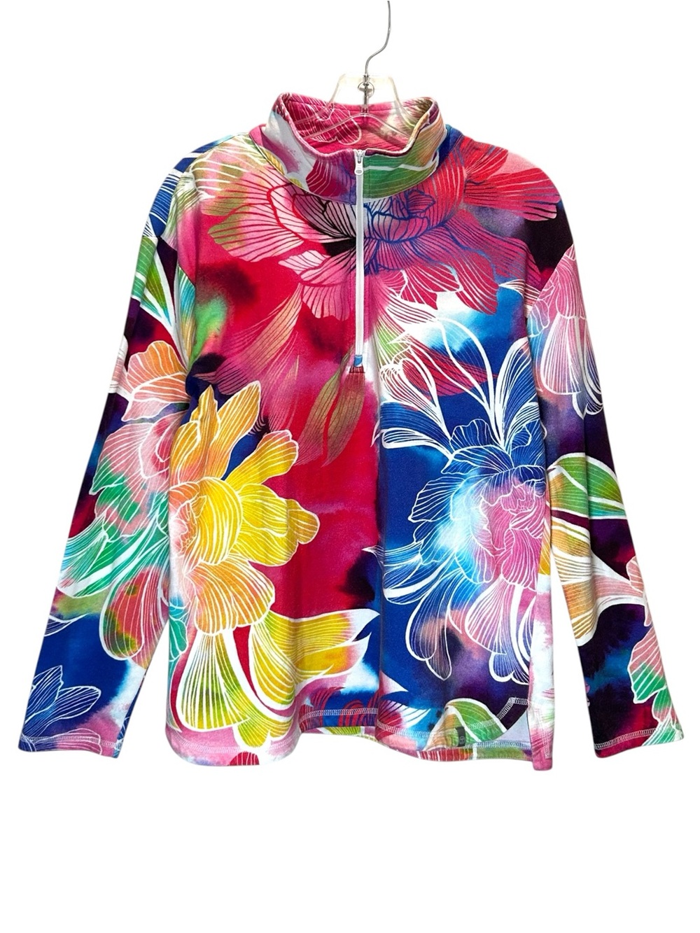 T for Talbots Women’s Watercolor Floral Cotton Half Zip Pullover Top - Medium